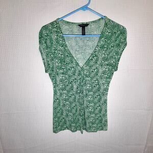 Banana Republic S Green Stretch Blouse Concentric Circle Print Short Sleeve Top